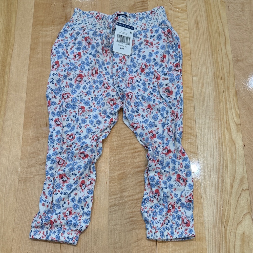 Polo Ralph Lauren Girls Floral Print Elastic Waist Pants -White, Blue & Pink/red